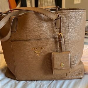 Prada Tan Pebbled Leather Tote with Gold Hardware